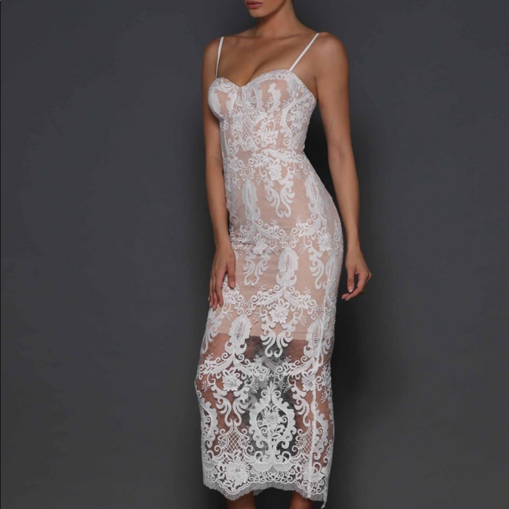 White and nude lace mid length dress
